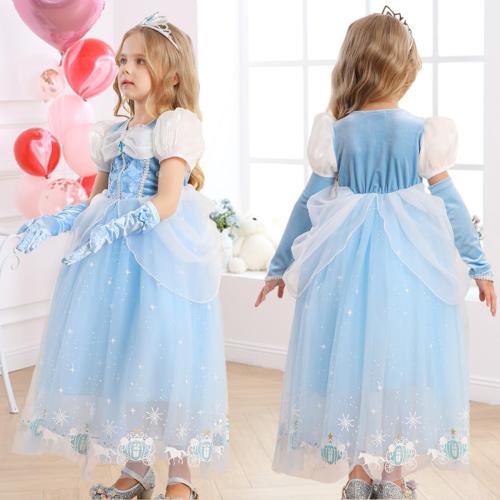 4-5T Girls Princess Dress Kids Halloween CarnivParty Cosplay Costume Toddler Puffy Sleeve Blue Fancy Outfit