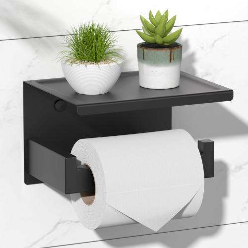 HITSLAM Toilet Paper Holder with Shelf, Stick on Matte Black Toilet Paper Roll Holder, Self Adhesive or Wall-Mount with Screws for Bathroom,Washroom