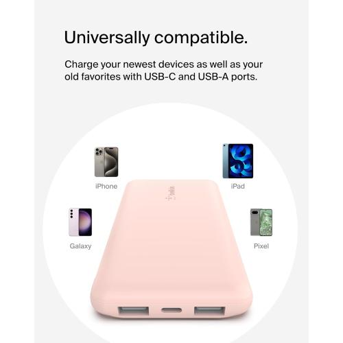 Belkin Portable Charger, USB-C Power Bank 10000 mAh w/ 1xUSB-C & 2xUSB-A Ports, 15W w/ Type-C to Type-A Cable for iPhone 16, 16e, Samsung Galaxy S25, Nintendo Switch 2 & More - Rose Gold