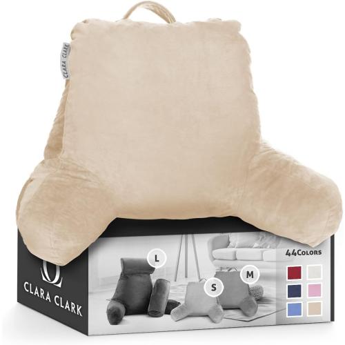 Clara Clark Reading Pillow, Back Rest Pillow for Sitting in Bed with Arms for Kids & Adults - Premium Shredded Memory Foam TV Sit Up Pillow - Medium, Cream