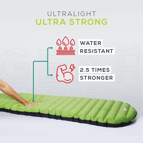 Green and Black Gear Doctors Ultralight 17oz Camping Sleeping pad ApolloAir - Compact, Warm 5.2 R-Value 4 Season Air Mattress, Perfect for Backpacking, Hiking - Lightweight Inflatable & Compact Sleep Pad