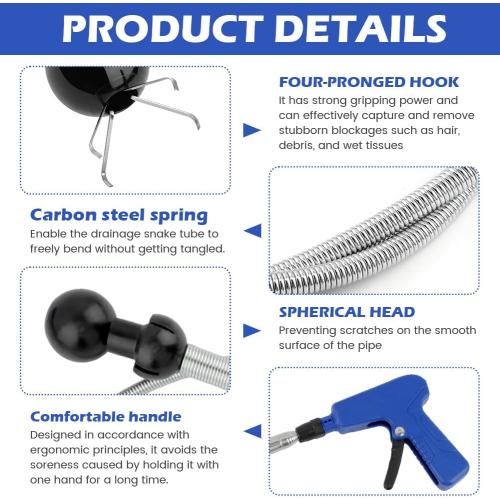 Toilet Snake Drain Auger with Gloves, 51-Inch Flexible Spring Plumbing Auger, Heavy-Duty Clog Remover for Hair & Debris, Drain Cleaning Tool for Bathroom Drains, Kitchen Sink and Toilet