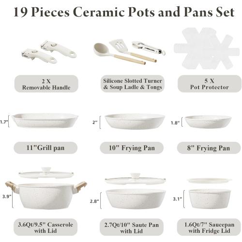 Bazova 19 Pcs Pots and Pans Set Non Stick Ceramic Cookware Set with Removable Handles, Non Toxic Induction Kitchen Cookware Sets RV Cookware,Dishwasher/Oven Safe PFAS/PTFE/PFOA Free (THE COLOR IS BLACK)