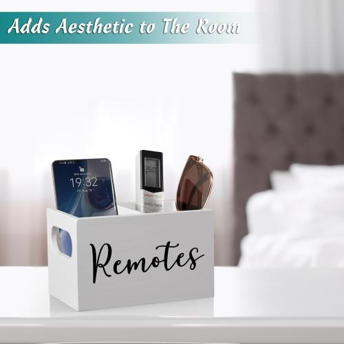 DRASTAR Rustic White Remote Caddy, 2-Compartment TV Remote Holder & Organizer for Nightstand, Bedside Table, Living Room, Office