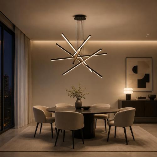Modern Chandelier,6- Light Fixture Black Sputnik Linear Dimmable Dining Room Chandeliers 39.4in Hanging Lamp LED Dimmable Pendant Adjustable Lights Ceiling for Living Room Foyer Entryway Staircase