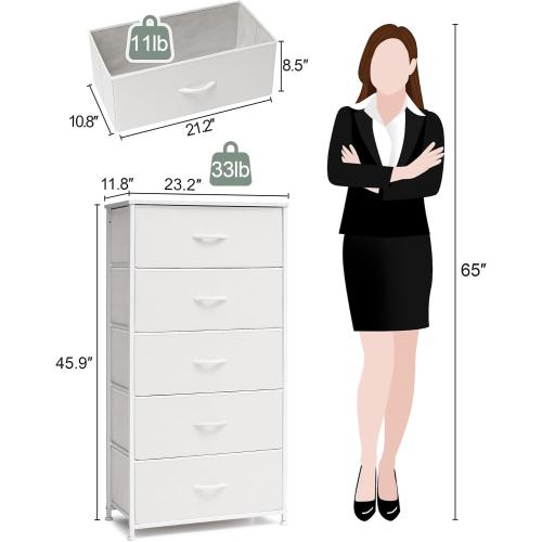 Crestlive Products Tall Dresser for Bedroom Vertical Storage Tower - Wide Fabric Dresser & Chests of Drawers for Closet, Hallway, Entryway w/Wood Top, Easy Pull Fabric Bins - 5 Drawers(White)‼️2 drawers are out of packaging light dirt all hardware may not be included‼️