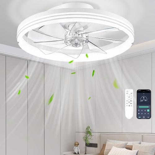 CHAREADA Ceiling Fans with Lights and Remote, 20 Foldable Fan with Light | Low Profile Stepless Color Temperature Change and 6 Speeds for Bedroom, Kids Room and Living Room (Stripe White)