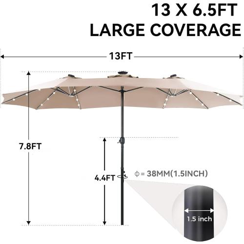 GREEN PARTY 13 ft Rectangle Patio Umbrella with Solar Lights, Double-Sided Market Table Umbrella with Crank, Large Outdoor Umbrellas for Patio Poolside Garden Backyard, Beige