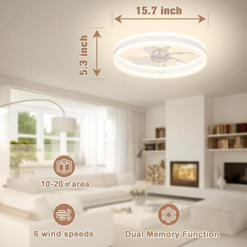 VOLISUN Fandelier Ceiling Fans with Lights and Remote, 15.7in Low Profile Ceiling Fan Flush Mount, 3000K-6500K Dimmable Bladeless LED Fan Light, White Modern Ceiling Fans with Lights for Bedroom