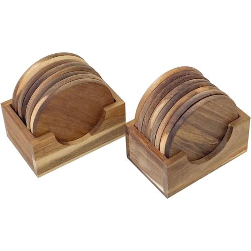 Acacia Wood Drink Coasters with Holder, Two Sets of 8 Pieces Coasters 3.72 Inch Round Wood Coasters for Cup,Dad Gifts,Tabletop Protection