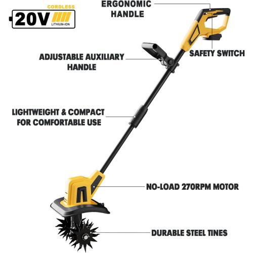 Cordless Garden Tiller Cultivator Compatible with Dewalt 20V MAX Battery, 270 RPM Electric Rototiller, 48 Steel Tines, 8.7 Tilling Width, 6.3 Depth, Rotary Tiller for Lawn/Gardening/Soil(Tool Only)