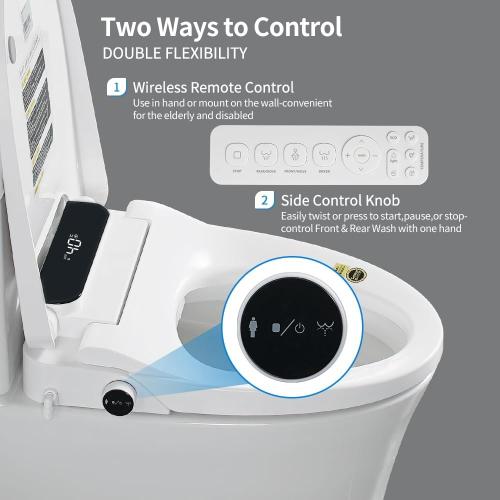 Electric Bidet Toilet Seat Round - Smart Heated Toilet Seat with Remote Control, Instant Warm Water, Self-Cleaning Nozzle, Warm Air Dryer, Feminine Wash, Soft Close, LED Display