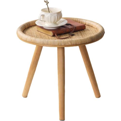 Small Side Table, Rattan Round Coffee Table, Boho Circle Side Tables End Table for Living Room, Mid Century Accent Table for Bedroom Balcony