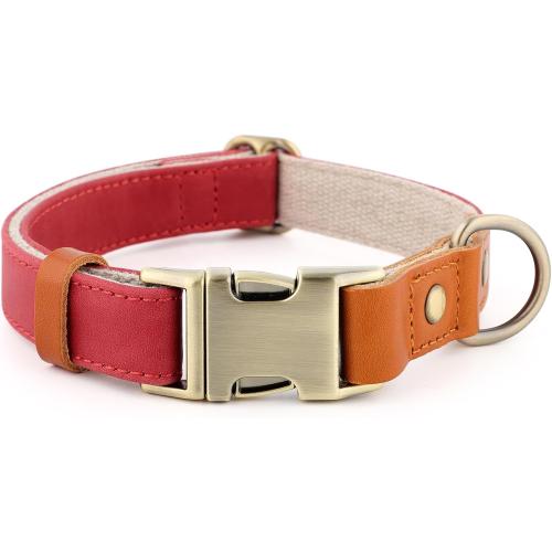 Plutus Pet Genuine Leather & Hemp Dog Collar – Adjustable Heavy Duty Pet Collar with Quick Release Metal Buckle, Soft & Stylish for Puppy and Small, Medium, Large Dogs (Red, L)