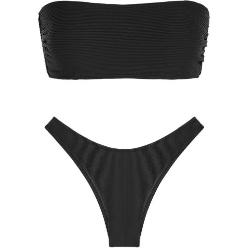 ZAFUL Women Strapless Textured Bandeau Bikini 2 Piece Swimwear Cheeky Solid Lace up Bathing Suits