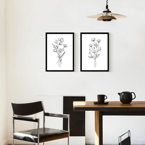 Framed Set of Two Canvas Wall Art Simple Botanical Line Print Black and White Floral Poster Modern Gallery Print for Living Room or Bedroom Wall Decor 12x16 Inch