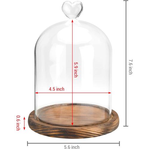 MyGift 6 Inch Small Clear Glass Cloche Bell Jar Display Case with Heart Top Handle and Dark Brown Wooden Base (5.6 x 7.6)
