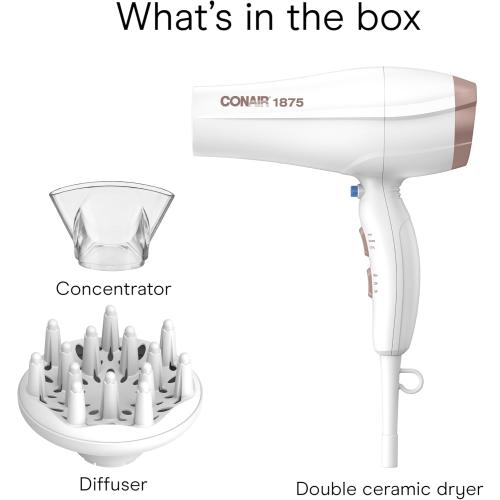Conair Double Ceramic Hair Dryer, 1875W Blow Dryer with Diffuser and Concentrator, Ionic Conditioning, 3 Heat & 2 Speed Settings, Amazon Exclusive, White
