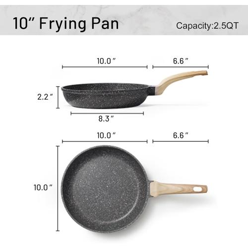 CAROTE Non Stick Frying Pan Skillet, Omelet Pan, Healthy Non Toxic Granite Chef Pan, Induction Compatible Egg Frying Pan with Heat-Resistant Handle, PFOA-Free,Black, 10