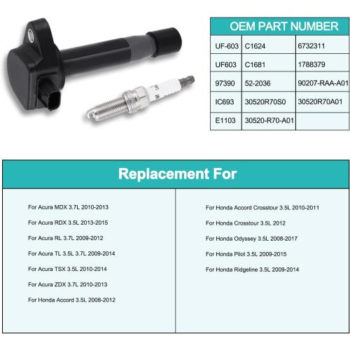 UF603 Ignition Coil Pack Set of 6 & 97390 Spark Plugs 3.5L 3.7L For Acura MDX RDX RL TL TSX ZDX for Honda Accord Crosstour Odyssey Pilot Ridgeline 2008-2015 V6 30520R70A01