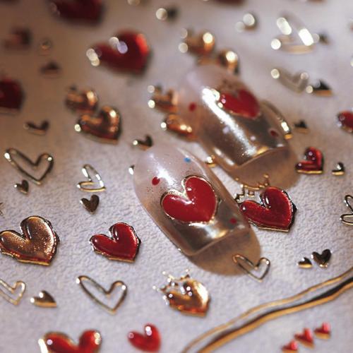 5D Embossed Heart Nail Stickers for Art - Gold Red Self-Adhesive Valentine's Day Decals - Golden Design for Women - Nail Supplies Decorations Accessories