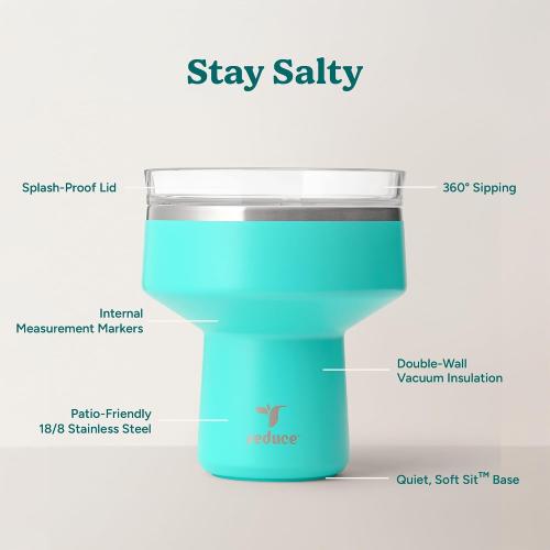 REDUCE Saltini 16oz Margarita Tumbler - Insulated Cocktail Glass with Lid | 360 sippable martini glass alternative,keeps drinks cold for 10 hours,Ocean Breeze,saltable splash-proof lid,cocktail tumbler