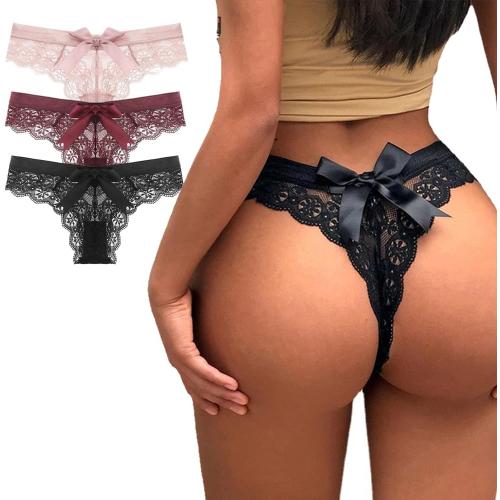 Size L...Women Lace Bow Thongs,T Back Low Waist Panties Sexy V-Shape Design Floral Lace, Breathable Panties Undies for Women 3-Pack