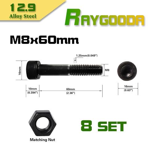 M8-1.25x60 Socket Head Cap Screw and Nut Kit 8set, Grade 12.9 Alloy Steel, Black Oxide Finish, Partially Thread, High Tensile Strength for Automotive, Machinery & Heavy Duty Use
