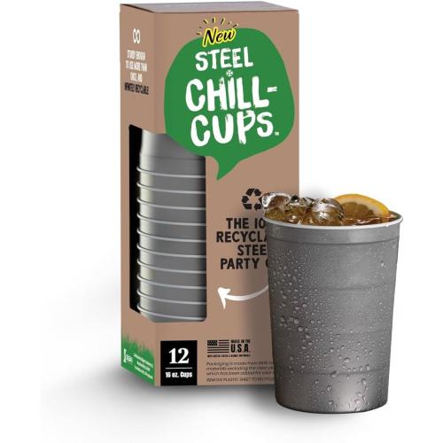 Steel Chill Cups 16 oz. Party Cups, Perfect for Cold Drinks, Sturdy & Durable, Disposable and 100% Recyclable, Made in USA, Gray, 12 Count