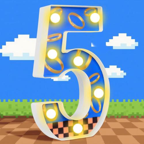 LED Numbers Night Light(5)– Light Up Number Sign for Kids Birthday Party,Marquee Numbers with Warm White Glow,Battery Operated Blue & Gold Digits for Sonic Theme,8.66 x 5.91 in