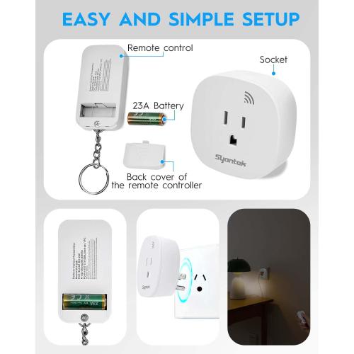 Syantek Remote Control Outlet Wireless Light Switch for Household Appliances, 200ft Long Range Remote Outlet Switch, 15A/1875W High Power Mini Electrical Plug, White (1 Outlet   1 Remote)