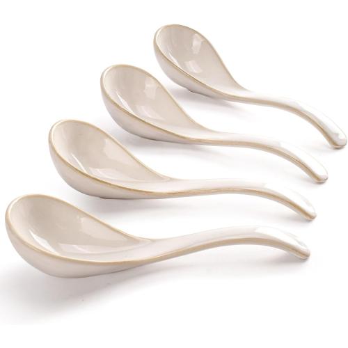 Artena Soup Spoons Set of 4, Asian Ramen Spoon, Chinese Soup Spoons for Dumplings Wonton, White Ceramic Japanese Pho Spoon, Deep Oval Hook Design, Dishwasher Safe (7.35 inch)