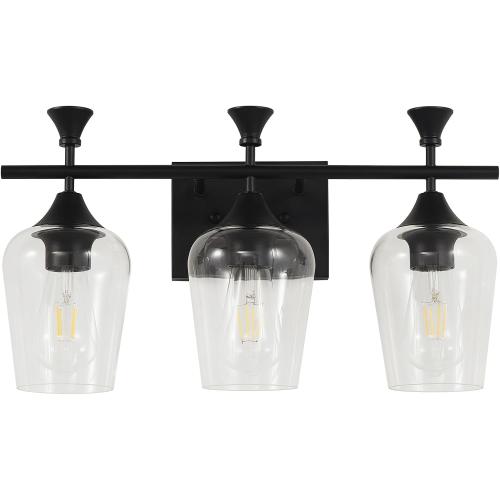 Bathroom Light Fixtures (3-Light, 19 Inch), Matte Black Vanity Lights for Bathroom with Clear Wine Glass Glass Shade, Modern Vanity Wall Lights for Mirror Bedroom Living Room Kitchen Hallway Porch