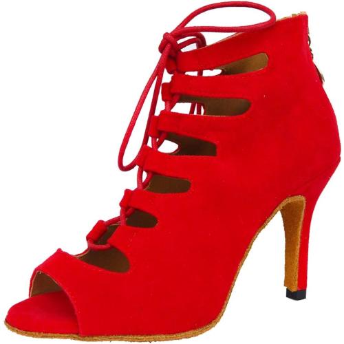 women Latin Dance Shoes Modern Dancing Boots High-heeled Soft Suede Lace Up Square Dance Ballroom Sandals Customized Heel - 8.5