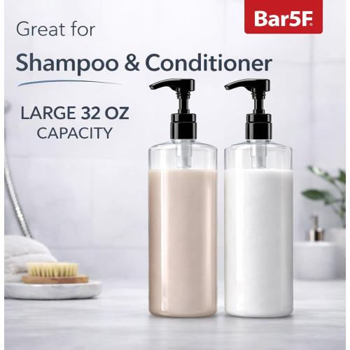 Bar5F Empty Pump Bottles 32 oz. (1-Liter) BPA-Free Crystal-Clear USA 2-Pack | Large Refillable Containers for Shampoo, Conditioner, Body Wash, Lotion, Gel, Laundry Detergent, Hand Soap