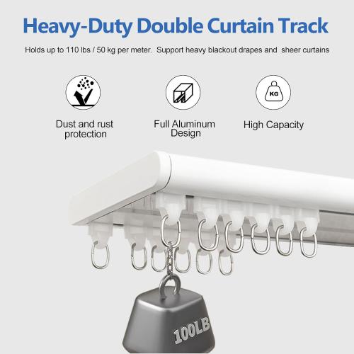 Double Row Ceiling Curtain Track, Silent Heavy Aluminum Duty Curtain Track System, Sliding Curtain Rails for Curtains, Room Divider Track for Bedroom Living Room Ofiice Hotel, White, 9FT