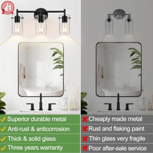 Bathroom Light Fixtures Upgrade, 3-Light Matte Black Vanity Light, Black Bathroom Lights Over Mirror with Clear Glass Shade, Wall Sconces for Mirror Bedroom Living Room Hallway
