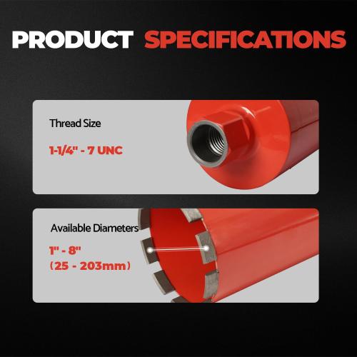 Diamond Core Drill Bit for Concrete, Masonry, Reinforced Rebar Concrete 6 Inch, Wet only, 15 Drilling Depth, 1-1/4-7 Thread, Superior Welded Core Drill Bits with Roof-Top Segment