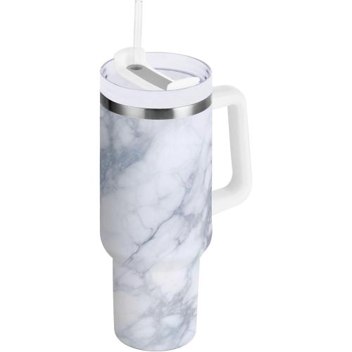 xigua 40 oz White Marble Tumbler with Handle and Straw Lid, Stainless Steel Vacuum Insulated Sports Water Bottle, Keeps Cold or Hot Coffee Cup Travel Mug