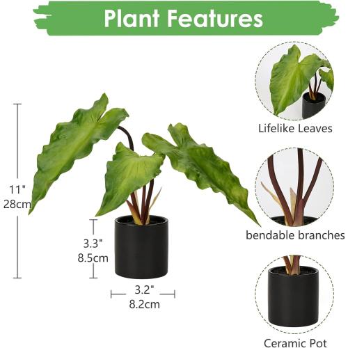 2 PCS...Hollyone Fake Potted Plants Artificial Plants Indoor 11 Faux Plants Caladium Plant in Black Ceramic Pots for Home Decor Office Desk Bathroom Bedroom Greenery Decoration