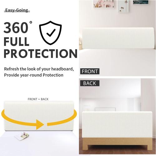 Easy-Going Stretch Bed Headboard Slipcover, Small Square Jacquard Furniture Cover, Dustproof Protector Cover for Bedroom Decor (Queen, Cream)