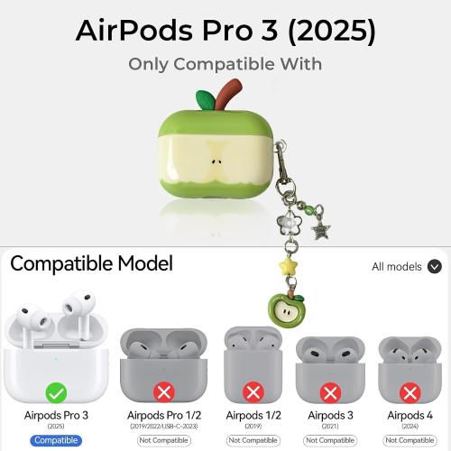 for Cute Green Apple Case Compatible with AirPods Pro 3rd Generation, Hard PC Shockproof Protective Cover with Keychain, Front LED Visible Kawaii Fashion Earbud Case for Women Girls