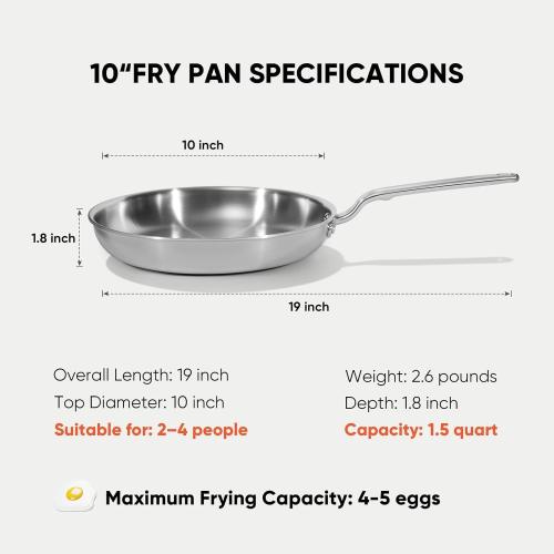 10 5-Ply Stainless Steel Frying Pan | dual aluminum core, uncoated surface, oven & broiler safe 800°F, induction ready, dishwasher safe, searing & family meals