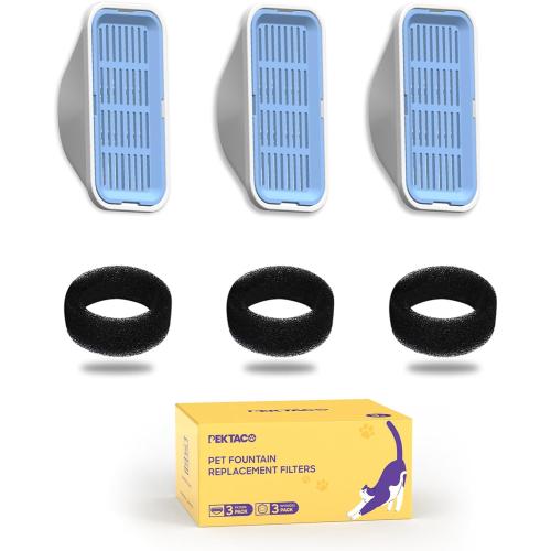 PEKTACO Cat Water Fountain Filters Replacement & Pre-Filter Sponges for 3.2L/108oz Automatic Pet Fountain, Dog Water Dispenser (3 Filters 3 Sponges)