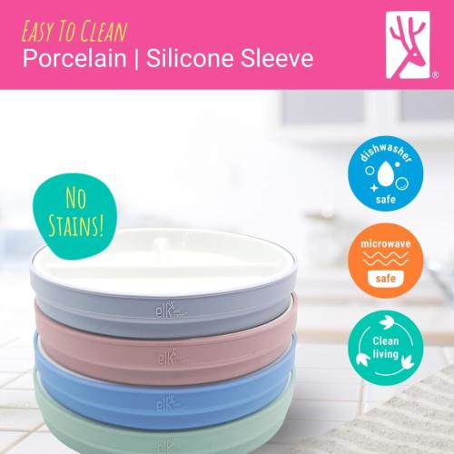6.7” Elk and Friends Kids Porcelain Divided Plates with Silicone Sleeves | Suitable for Babies/Kids/Toddlers | Microwave & Dishwasher Safe | Non Slip | Snack Dishes