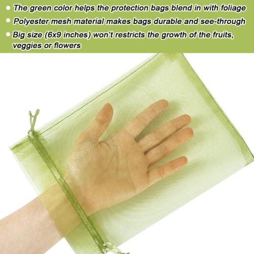 Set of 100pcs Size 6x9 Color Green Fruit Protection Bags 6x9 inch, Green Netting Cover Bags Drawstring Mesh Fruit Protectors Pest Barrier for Tomato Mango Trees Veggies Garden