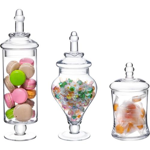 MyGift Clear Glass Apothecary Jars with Lid, Decorative Footed Vase, Candy Buffet Containers Set of 3
