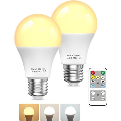 A19 LED Light Bulbs with Remote Control, 9W LED Bulbs 60W Equivalent, 3000K-6000K Dimmable Bulbs E26 Base, Remote Control Light Bulbs with Timing, Memory Function, for Home Decor, 2Bulb & 1Remote