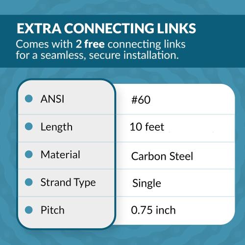 PGN #60 Roller Chain - 10 Feet   2 Free Connecting Links - Carbon Steel Chain - 159 Links