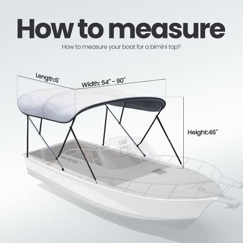 3-4 Bow Bimini Boat Top Cover Sun Shade Boat Canopy Waterproof 1 Inch Stainless Aluminum Frame 46 Height with Rear Support Poles and Storage Boot 6 Colors -11 Sizes